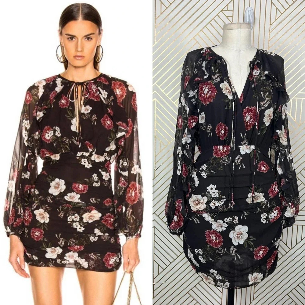 NICHOLAS Floral Cascade Ruched Silk Mini Dress Black Burgundy Size 4